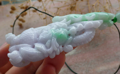 Certified Lavender Green Burma 100% Natural A Jade jadeite Pendant  Dragon Bat Lotus Leaf Necklacde 生意兴隆 636213  TN