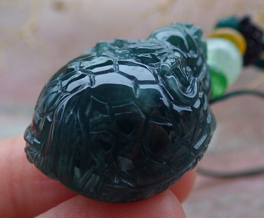 Certified Icy Green Burma 100% Natural A Jade jadeite Pendant Dragon Turtle Money Coin Necklace 龙龟 636559  TN