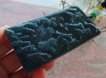 Certified Icy Blue Water Burma 100% Natural A Jade jadeite Pendant Landscape painting Tree Necklace 山水画 634260  TN