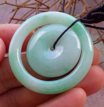 Certified Green 100% Natural A Jade jadeite Pendant Circle Donut Necklace 母子平安扣 528770  TN