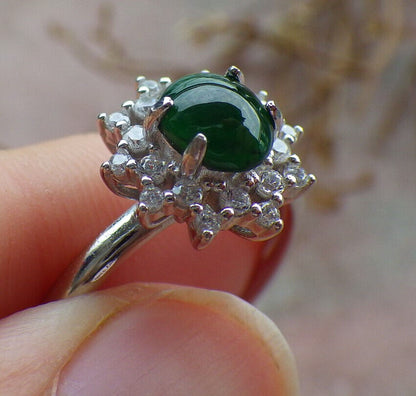 Certified Icy Green silver 0.925 Burma 100% Natural A JADE Jadeite Cabochon RING USA 7.75 戒指 635512  TN