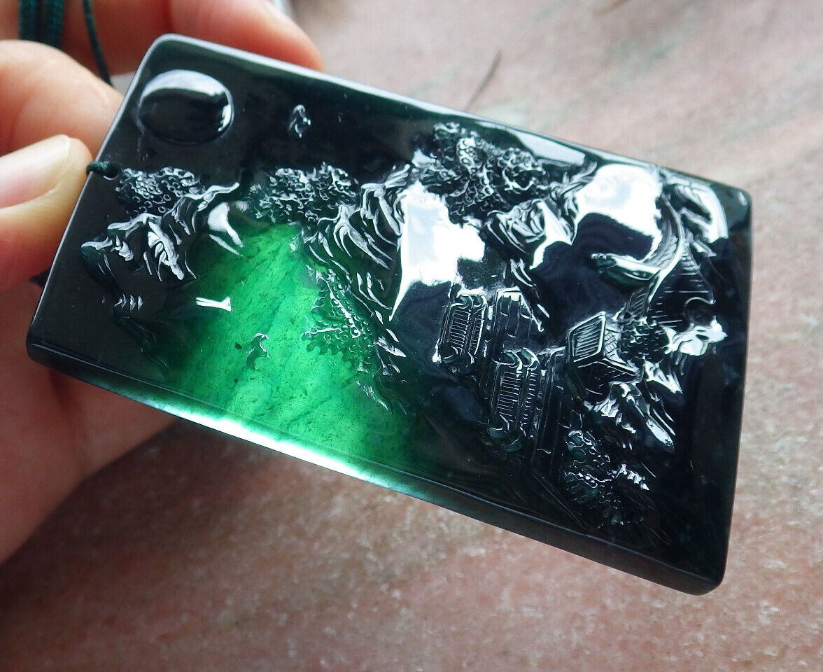 Atestita Glacia Blua Akvo Birmo 100% Natura A Jadejadeito Pendanta Pejzaĝa Pentrado Arba Koliero 山水画 634473 TN