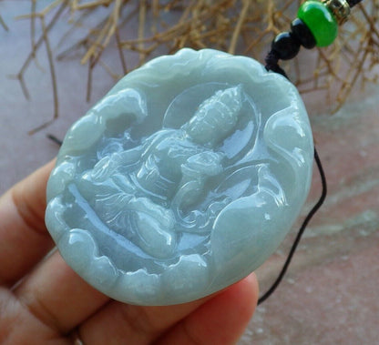 Certified Green Pale Lavender 100% Natural A Jade jadeite pendant Guanyin Kwan Yin Lotus Flower Necklace 观音 523698  TN