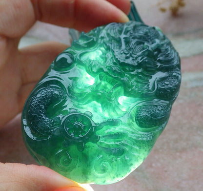 Certified Icy Green Burma 100% Natural A Jade jadeite Pendant Dragon Bead Necklace 生意兴隆 636328  TN