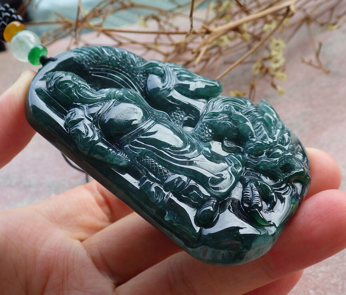 Certified Icy Green Burma 100% Natural A Jade jadeite pendant Guan Gong God Dragon Horse Sword Necklace 关公 635214  TN
