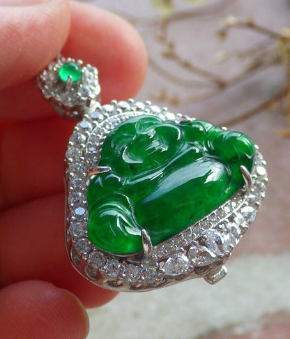 Icy Green Silver 925 Certified Burma 100% Natural A JADE Jadeite pendant Happy Buddha God Necklace 佛公 635173  TN