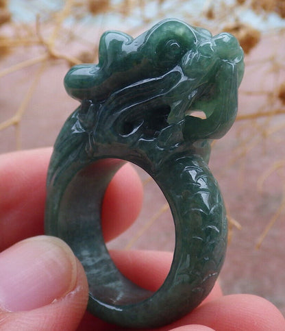 Certified Green Burma 100% Natural A JADE Jadeite Dragon RING USA. 7 龙戒指 636925  TN