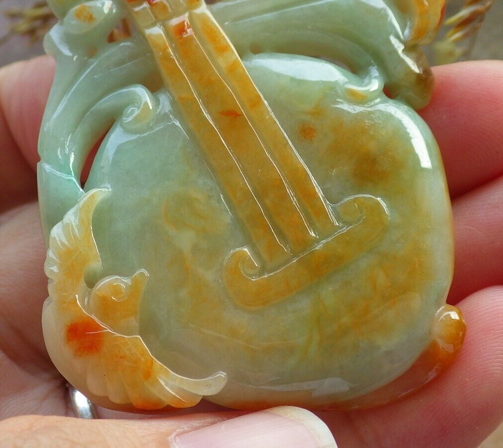 Certified Red Green Burma 100% Natural A Jade jadeite Pendant Bird Lotus Flower Guitar Necklace 吉他 575324 TN