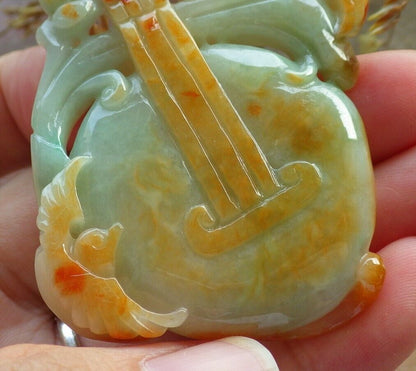 Certified Red Green Burma 100% Natural A Jade jadeite Pendant Bird Lotus Flower Guitar Necklace 吉他 575324 TN