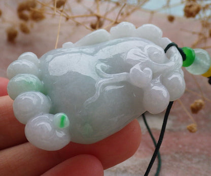 Certified Green Burma 100% Natural A Jade jadeite Pendant  Bat Ruyi Foot Necklace 知足常乐 636969  TN