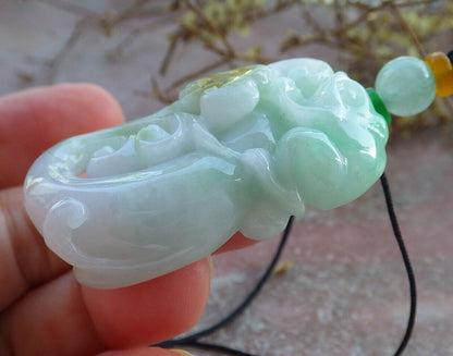 Certified Green Yellow Burma 100% Natural A Jade jadeite Pendant Frog Toad Ruyi Coin Necklace 招财蟾 633090  TN