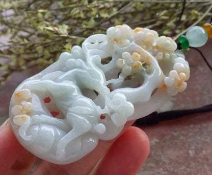 Certified Yellow Green Burma 100% Natural A Jade jadeite Pendant Deer Bat Ruyi Coin Flower Necklace 梅花鹿 573931 TN