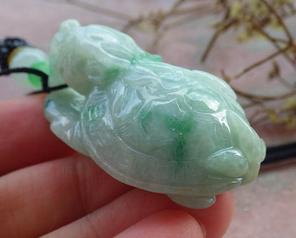 Certified Green Burma 100% Natural A Jade jadeite Pendant Dragon Turtle Snake Coin Necklace 龙龟 633018  TN
