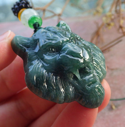 Certified Icy Green Burma 100% Natural A Jade jadeite Pendant Tiger Head Necklace 虎虎生威 634320  TN