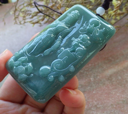 Certified Icy Green Yellow Burma 100% Natural A Jade jadeite Pendant  Guanyin Kwan Yin Lion Lotus Flower Necklace 观音 574824 TN