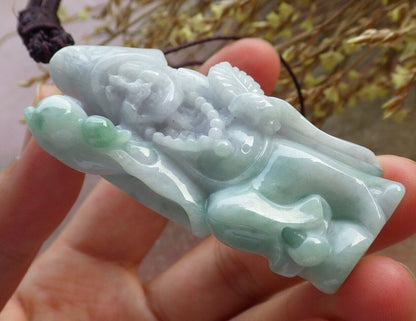 Certified Green Pale Lavender Burma 100% Natural A Jade jadeite pendant Happy Ji Kung Buddha God Fan Gourd Necklace 济公 575331 TN