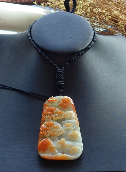Certified Red 100% Natural A Jade jadeite Landscape painting Tree Necklace 山水画 530026  TN