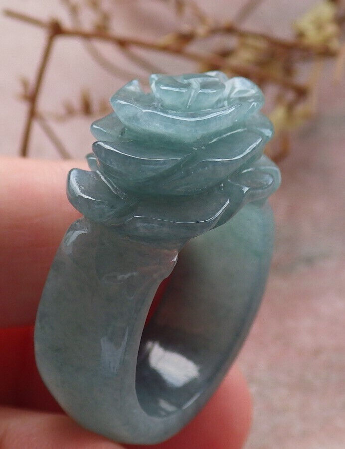 Certified Icy Green Burma 100% Natural A JADE Jadeite Rose Flower RING USA. 8.5 花戒指 633926  TN