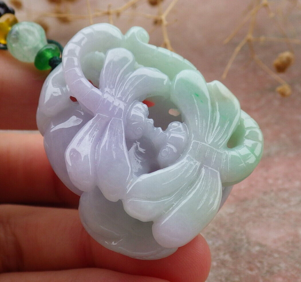 Certified Green Lavender Burma 100% Natural A  Jade jadeite Pendant Dragonfly Necklace 蜻蜓 636732  TN