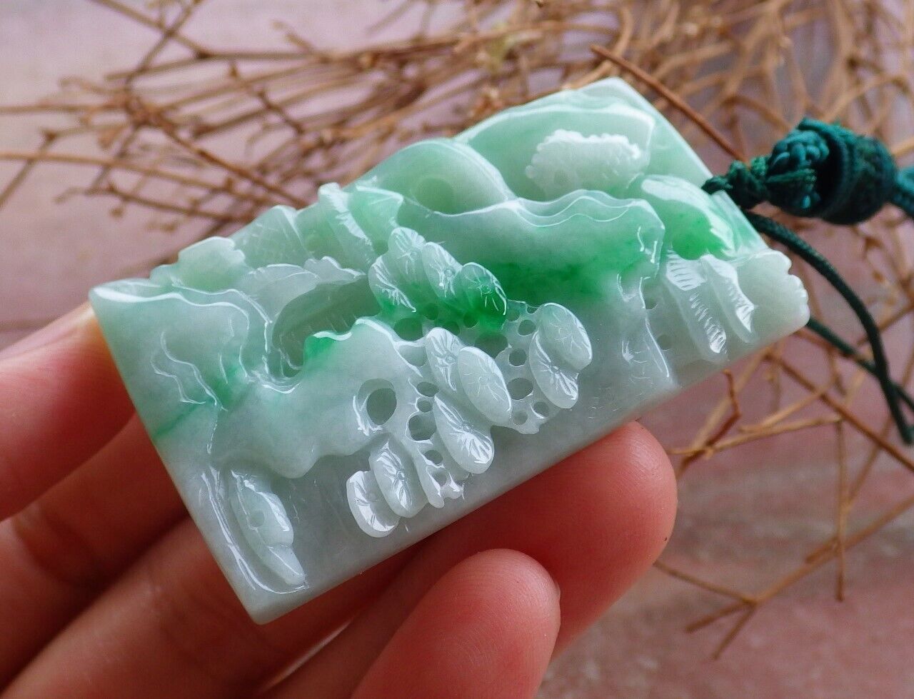 Certified Green Burma 100% Natural A Jade jadeite Landscape painting Tree Necklace Necklace 山水画 525505  TN
