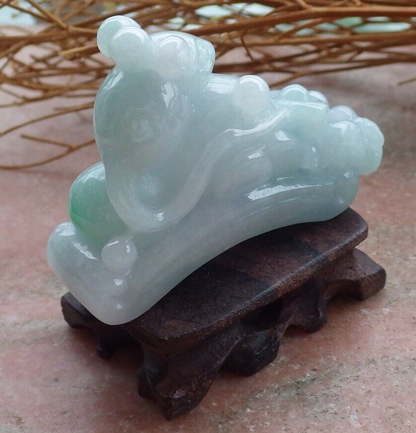 Certified Green Pale Lavender 100% Natural A Jade jadeite Display Mouse Rat Bat Yuan Bao Ruyi Money Coin Ruyi 发财鼠 520334  TN** Include woodstand **