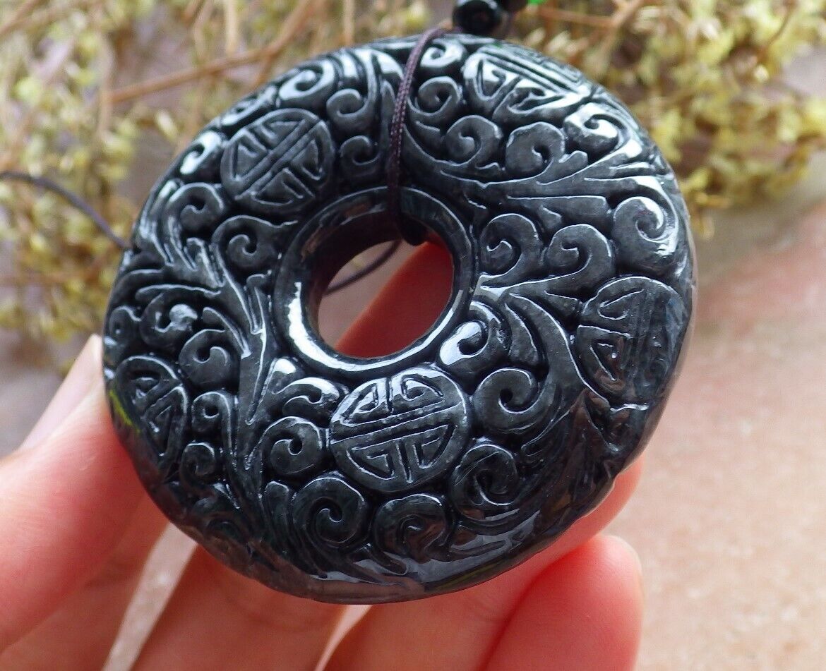 Certified Black 100% Natural A Jade jadeite pendant Longevity Lotus Flower Circle Necklace 花平安扣 523913  TN