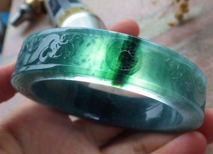 Certified Icy Green Burma 100% Natural A JADE Jadeite Dragon Phoenix Bangle Bracelet 58 mm 手镯 636336  TN