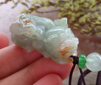 Pair Certified Green Red Burma 100% Natural A Jade jadeite Pendant Dragon Pi Xiu Money Coin Necklace 风水貔貅 573983 TN