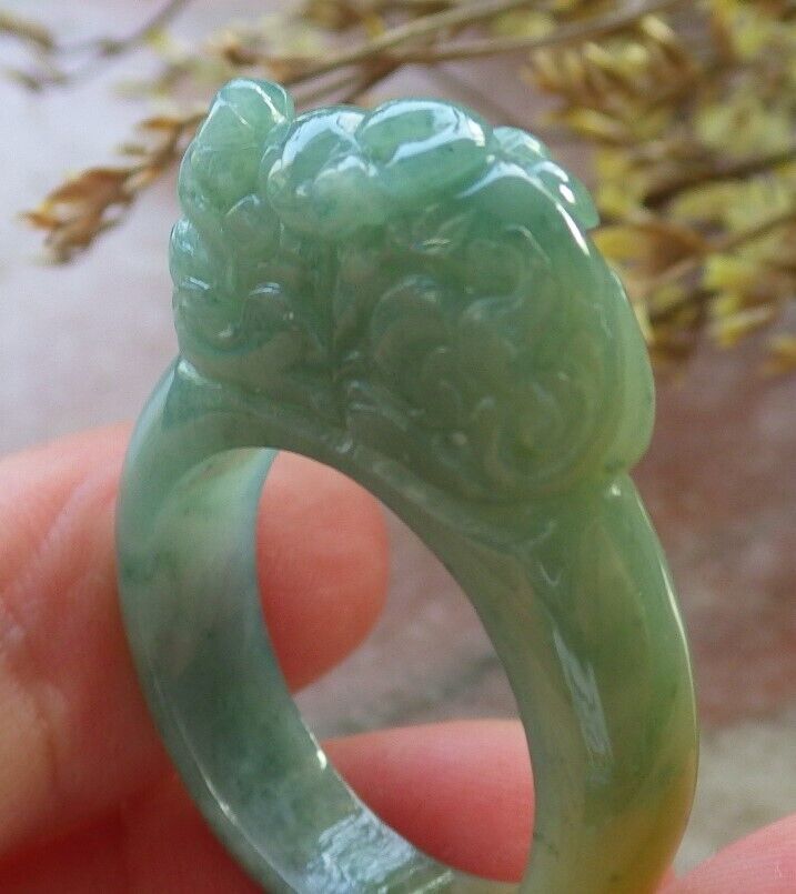 Certified Icy Yellow Green Burma 100% Natural A JADE Jadeite Dragon Pi Xiu RING USA. 10.25 戒指 574832 TN