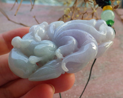 Certified Lavender Green Burma 100% Natural A Jade jadeite Pendant Fox Lotus Necklace 狐狸 634293  TN