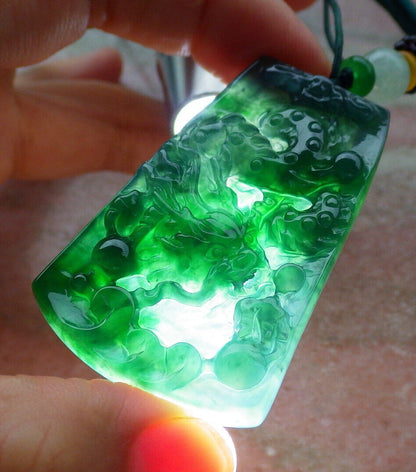 Certified Icy Green Burma 100% Natural A Jade jadeite Pendant Dragon Bead Necklace 生意兴隆 636507  TN