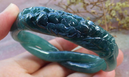 Certified Icy Blue Water Green Burma 100% Natural A JADE Jadeite Flower Knotted Bangle Bracelet 56.5 mm 手镯 632789  TN