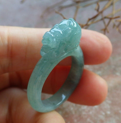 Certified Icy Green 100% Natural A JADE Jadeite Dragon Pi Xiu RING USA. 9.25 风水貔貅戒指 530040  TN