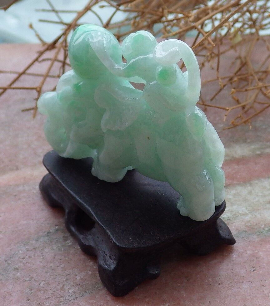 Certified Green 100% Natural A Jade jadeite Display Elephant Money Peach 大象 520344  TN** Include woodstand **