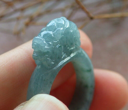 Certified Icy Green 100% Natural A JADE Jadeite Dragon Pi Xiu RING USA. 6.5 风水貔貅戒指 530062  TN