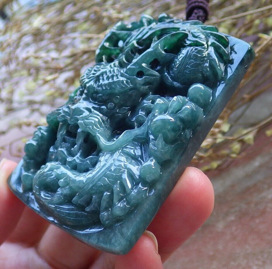 Certified Green Burma 100% Natural A Jade jadeite Pendant Dragon Bead Necklace 生意兴隆 574886 TN