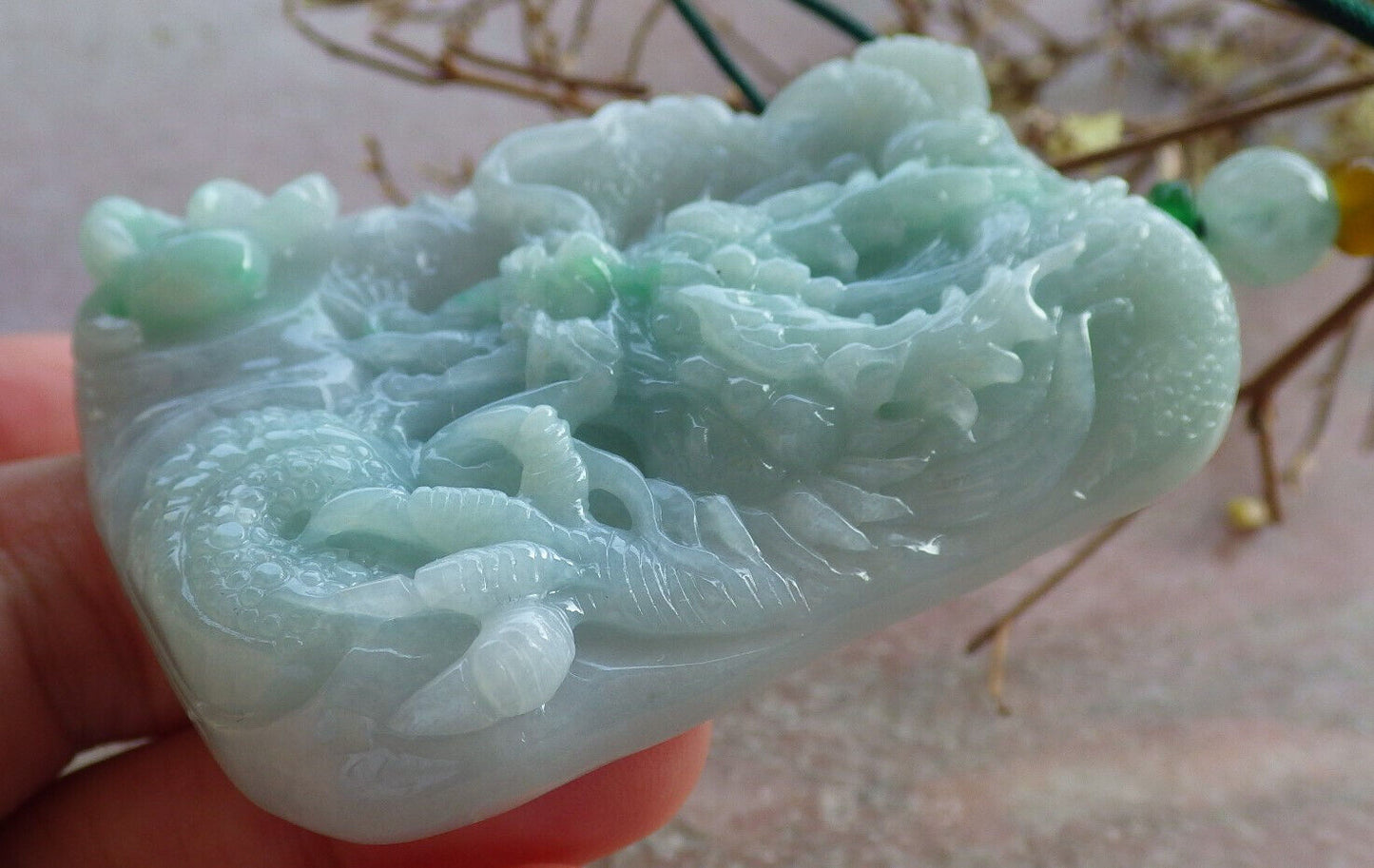 Certified Green Burma 100% Natural A Jade jadeite Pendant Dragon Bead Necklace 生意兴隆 633799  TN