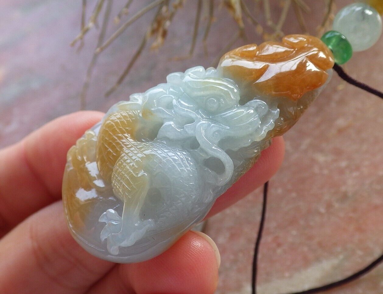 Certified Red Green Burma 100% Natural A Jade jadeite Pendant Dragon Money Coin Ruyi Necklace 生意兴隆 646505 TN