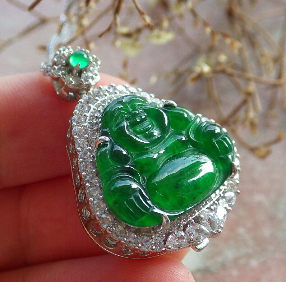 Icy Green Silver 925 Certified Burma 100% Natural A JADE Jadeite pendant Happy Buddha God Necklace 佛公 635107   TN