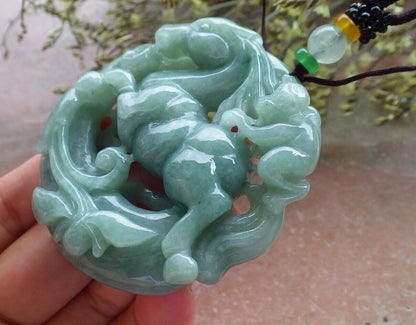 Certified Green Burma 100% Natural A Jade jadeite Pendant Horse Monkey Lotus Flower Necklace 573750 TN