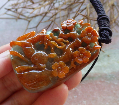 Certified Red Green 100% Natural A Jade jadeite Pendant Deer Flower Necklace 梅花鹿 529224  TN