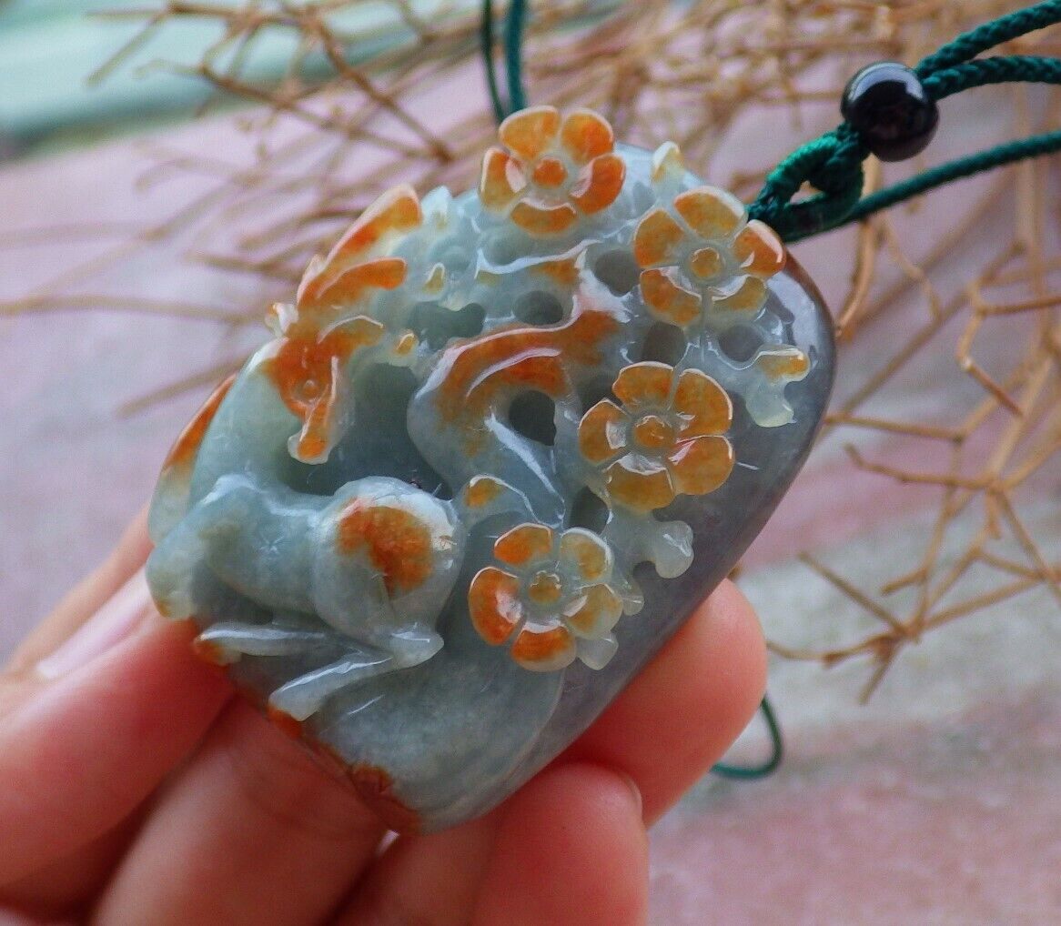 Certified Red Green 100% Natural A Jade jadeite Pendant Deer Flower Necklace 梅花鹿 526381  TN