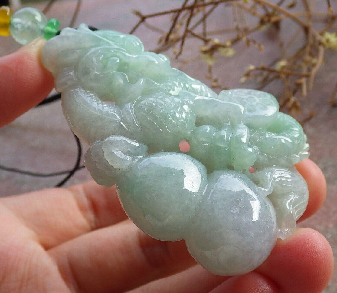 Certified Green Burma 100% Natural A Jade jadeite Pendant Dragon Gourd Coin Necklace 生意兴隆 635154  TN