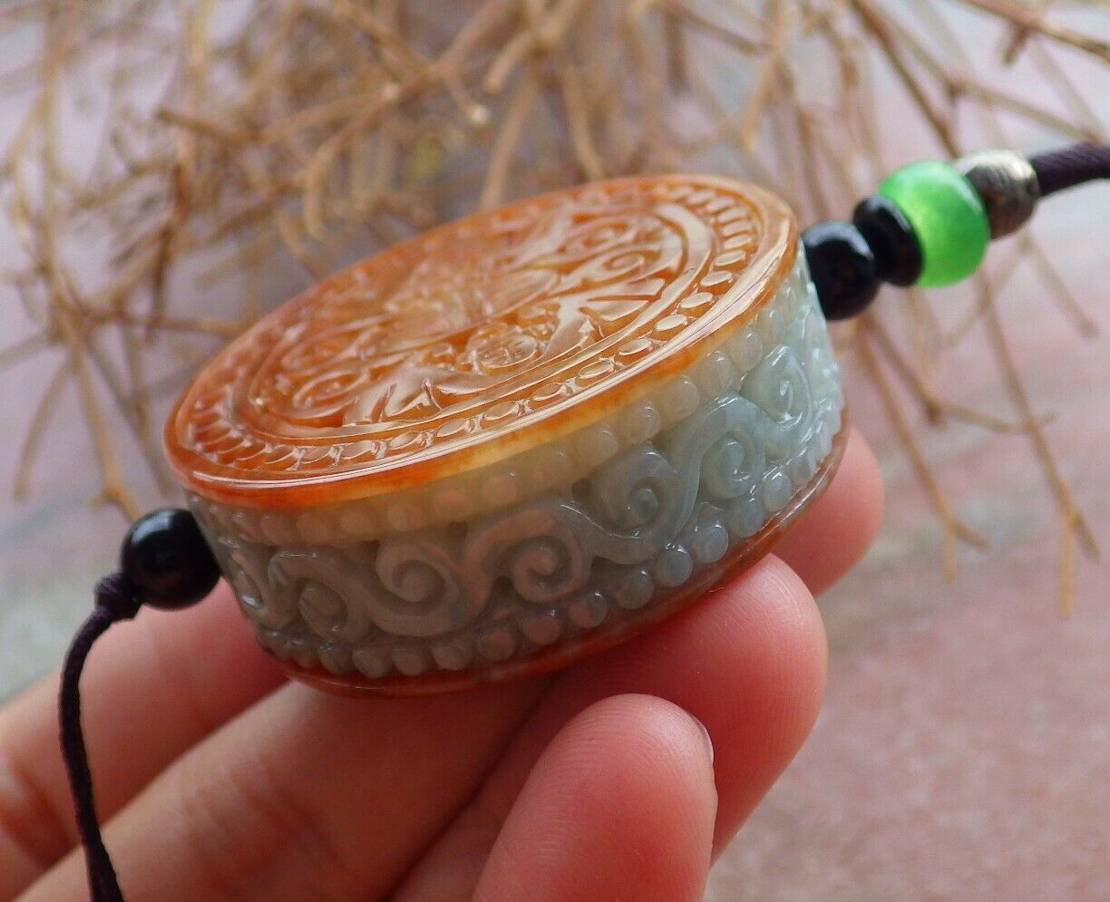 Certified Red Green 100% Natural A Jade jadeite Pendant Bat Longevity Ruyi Necklace 蝙蝠 523421  TN