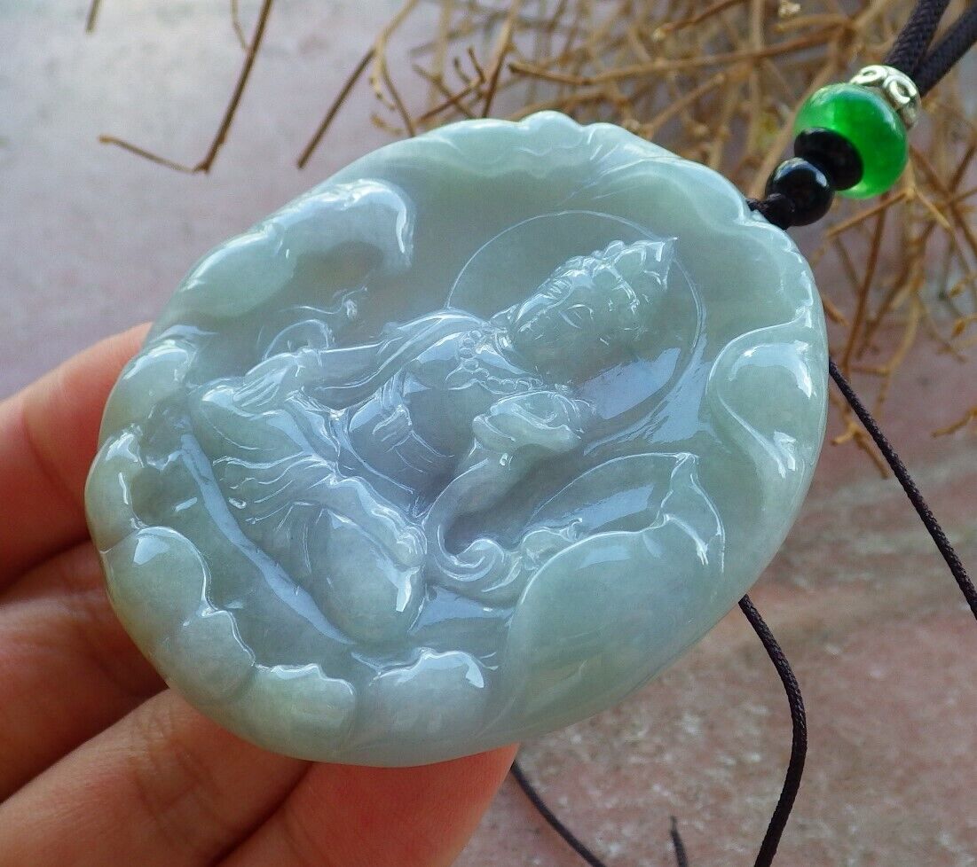Certified Green Pale Lavender 100% Natural A Jade jadeite pendant Guanyin Kwan Yin Lotus Leaf Necklace 观音 523712  TN