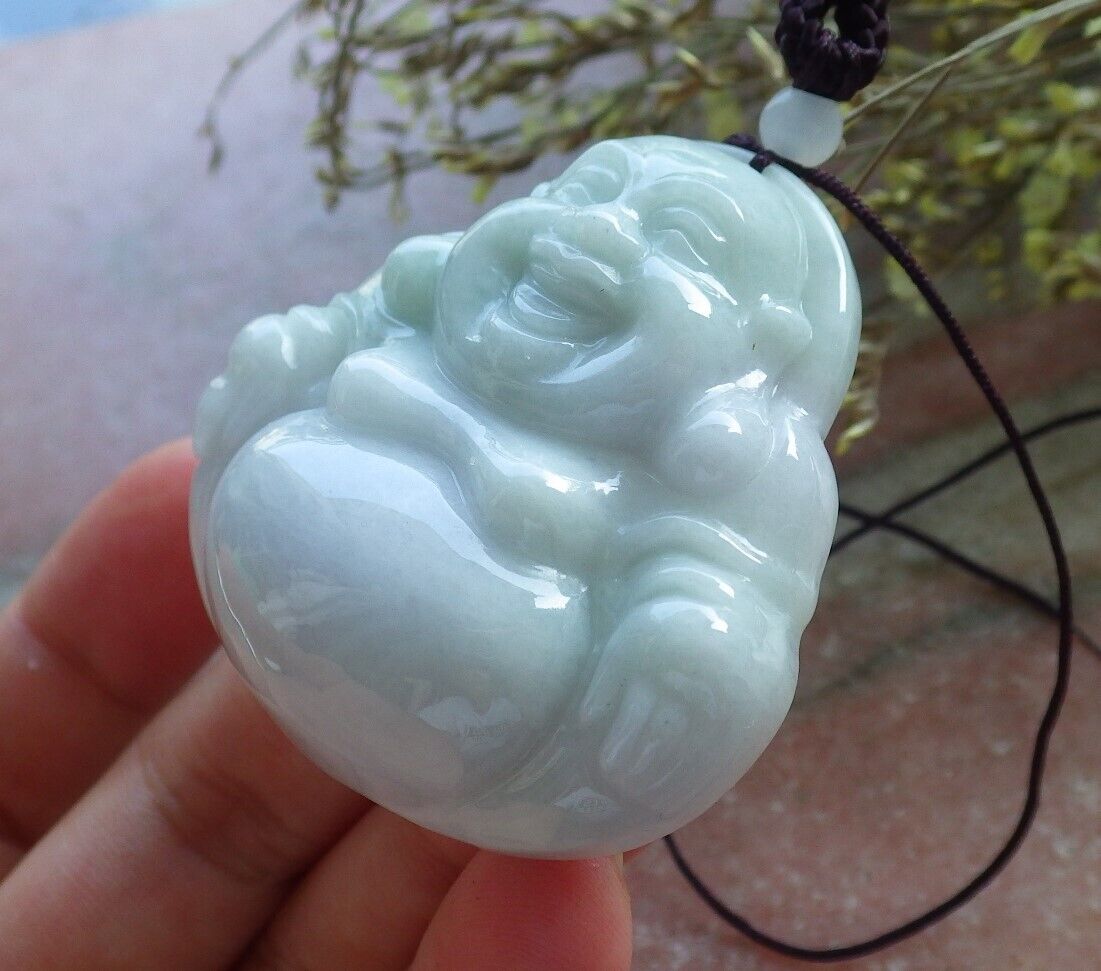 Certified Green Pale Lavender Burma 100% Natural A Jade jadeite pendant Happy Buddha God Necklace 开心佛 574390 TN