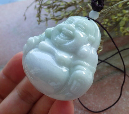 Certified Green Pale Lavender Burma 100% Natural A Jade jadeite pendant Happy Buddha God Necklace 开心佛 574390 TN