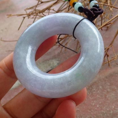 Certified Pale Lavender Green 100% Natural A Jade jadeite Pendant Circle Donut Necklace 平安扣 525714  TN