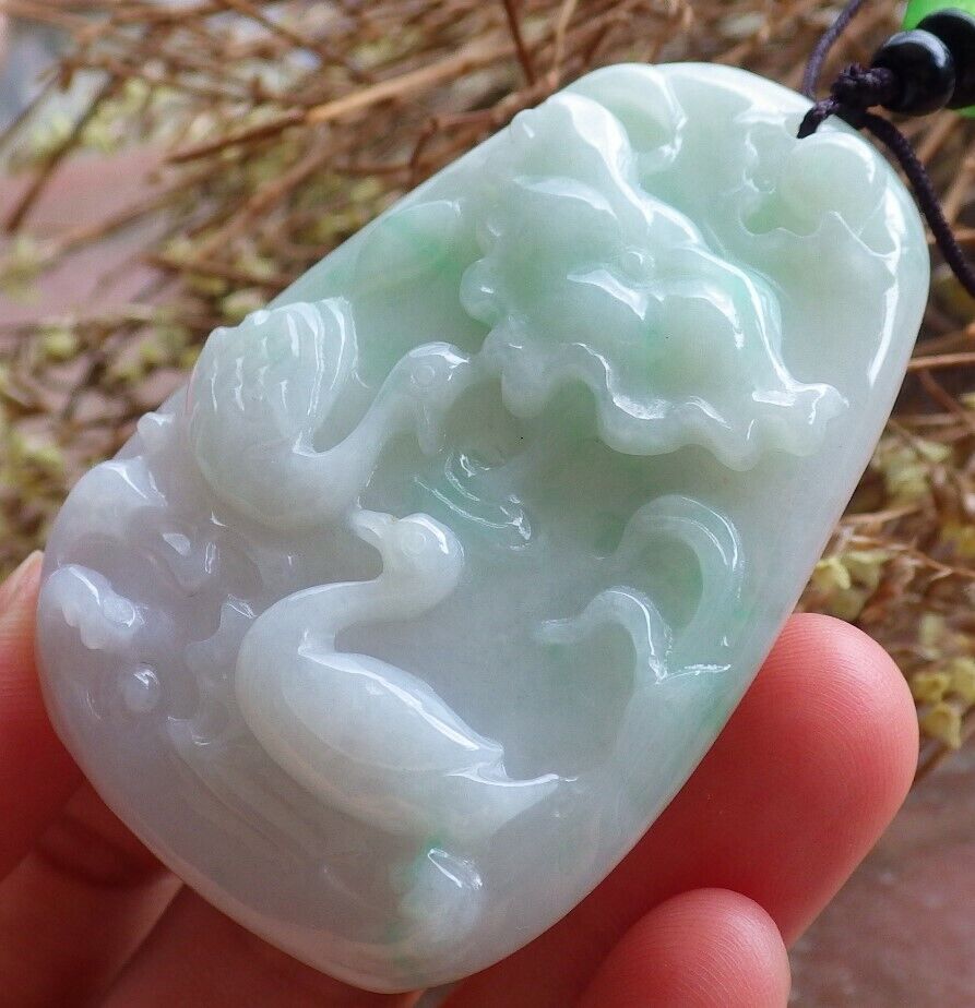 Certified Green 100% Natural A Jade jadeite Pendant Mandarin Duck Phoenix Lotus Leaf Necklace 鸳鸯 524651  TN