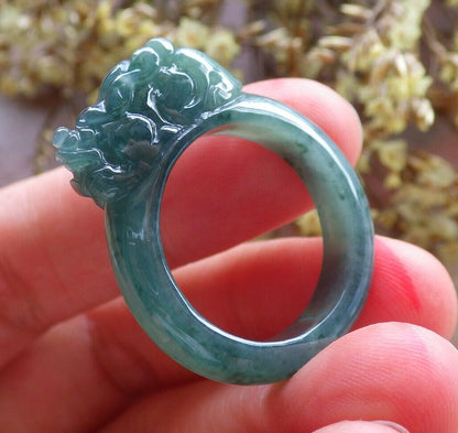Certified Icy Green 100% Natural A JADE Jadeite Dragon Pi Xiu RING USA. 8.75 戒指 523807  TN
